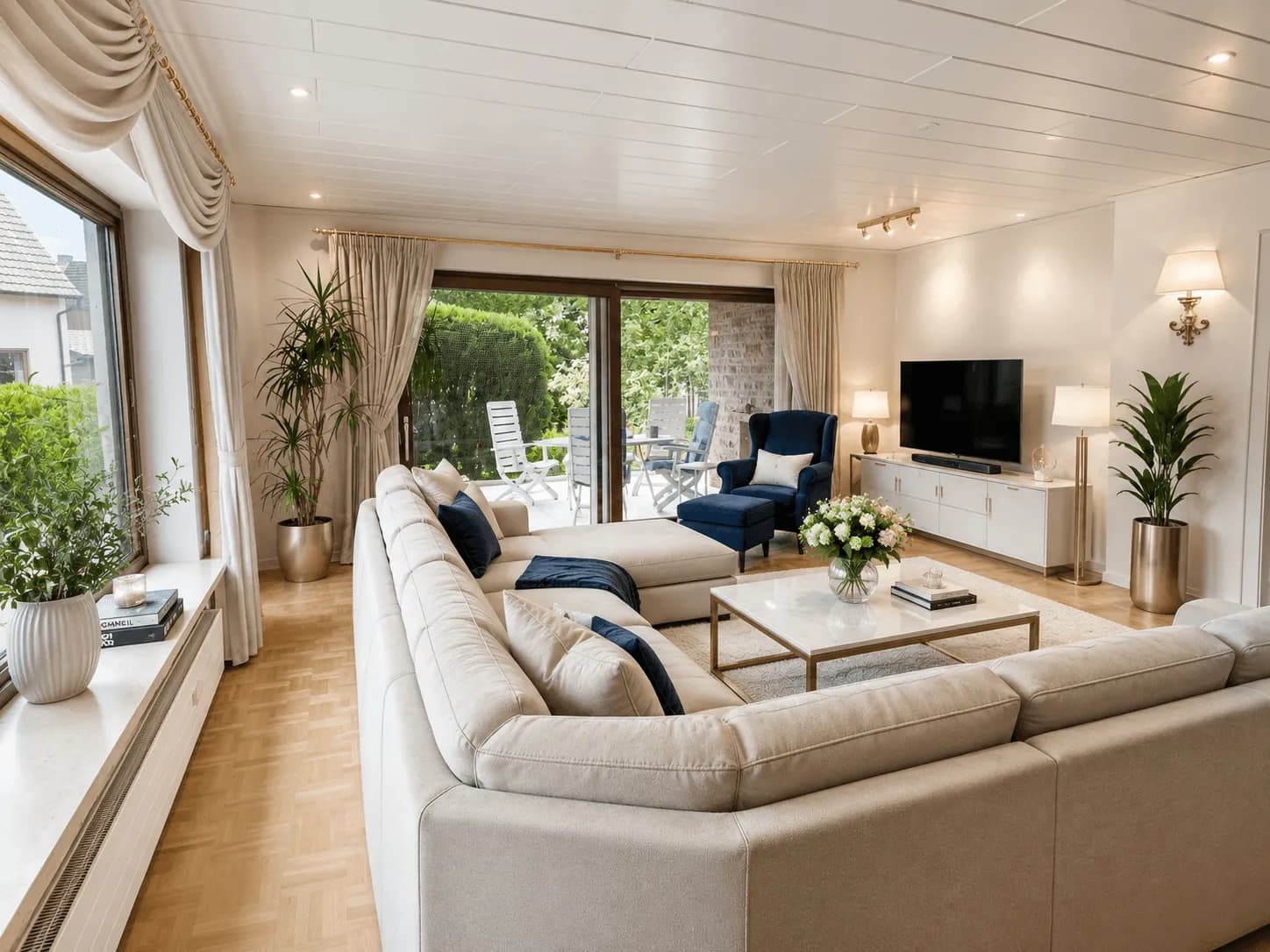 Lichtdurchflutetes Wohnzimmer im Erdgeschoss mit großzügiger Sofalandschaft, Panorama-Schiebetüren zur Terrasse, Echtholzparkett und eleganter TV-Wand in Burgkunstadt.