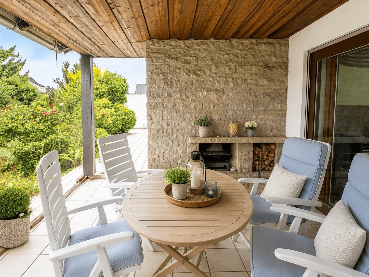 Überdachte Terrasse mit Holzdecke, Natursteinwand, gemütlicher Essgruppe und Blick in den Garten im Erdgeschoss in Burgkunstadt.