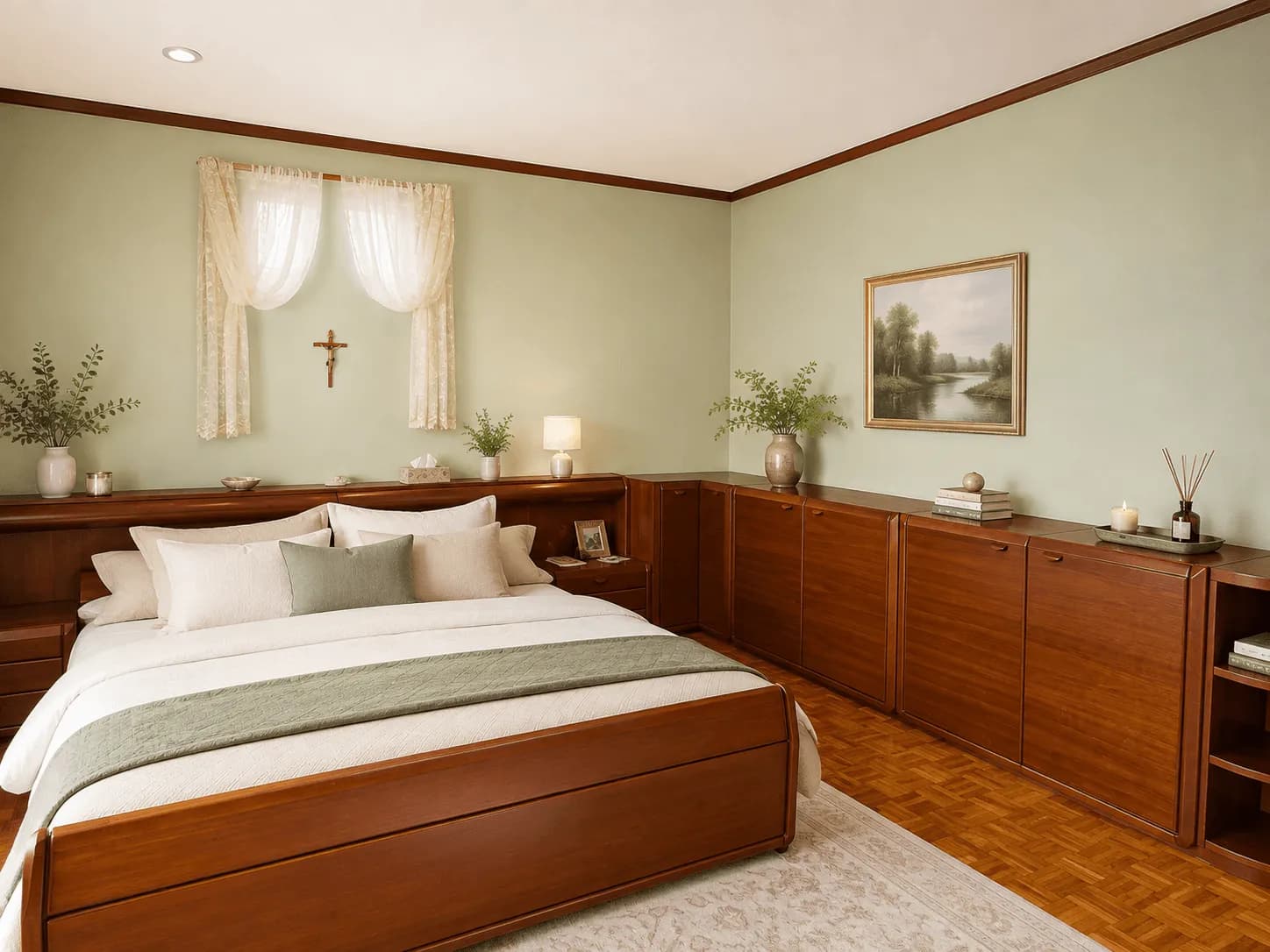 Gemütliches Schlafzimmer im Erdgeschoss mit massivem Holzbett, integrierter Schrankwand, Echtholz-Parkettboden und sanftgrünen Wänden in Burgkunstadt.