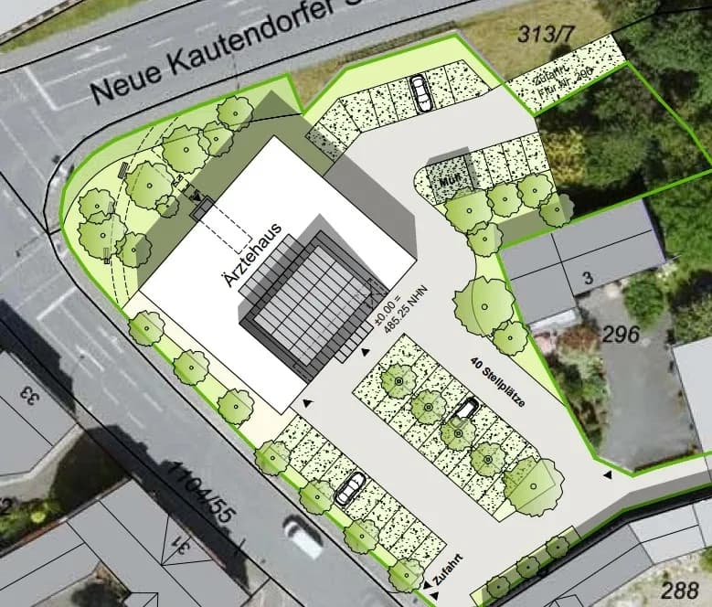 Lageplan / Masterplan Ärztehaus (±0,00 = 485,25 NHN): Baukörper mit verglastem Atriumdach, Zufahrt von der Neuen Kautendorfer Straße, 40 Pkw-Stellplätze, Müllplatz und landschaftsgärtnerische Freiflächengestaltung.