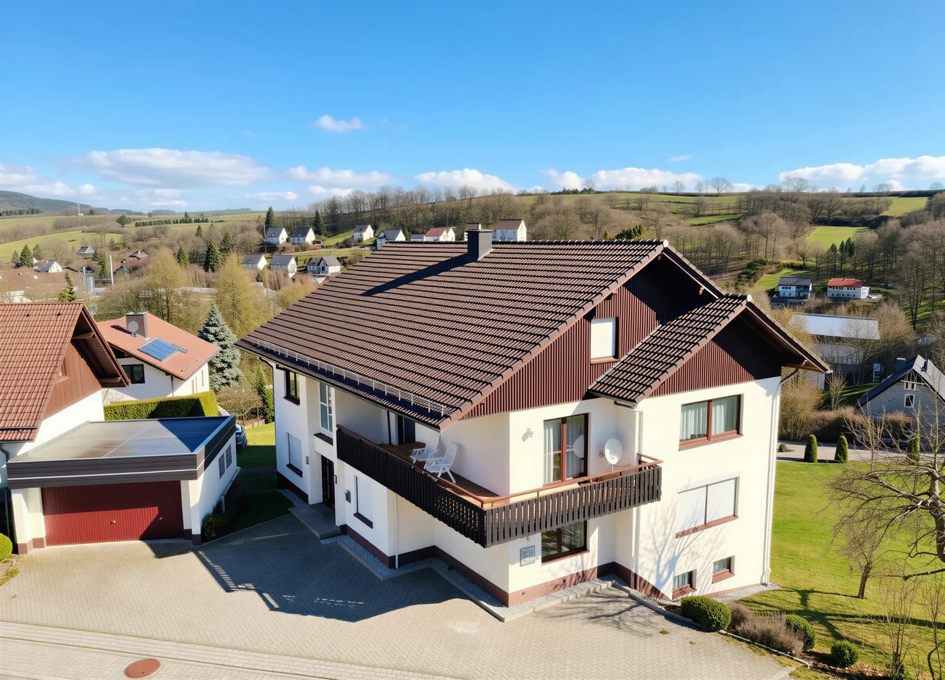 Luftaufnahme des gepflegten Ein-/Mehrfamilienhauses im alpenländischen Stil mit Ziegeldach, umlaufendem Holzbalkon, separater Doppelgarage, gepflasterter Zufahrt und Weitblick ins Grüne.