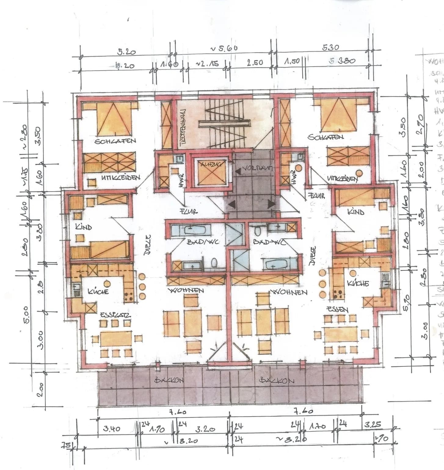 Architektonischer Grundriss 1. und 2. Obergeschoss im Neubauprojekt Hof mit Aufzug, zwei großzügigen Familienwohnungen, Balkonen und Ankleidezimmer