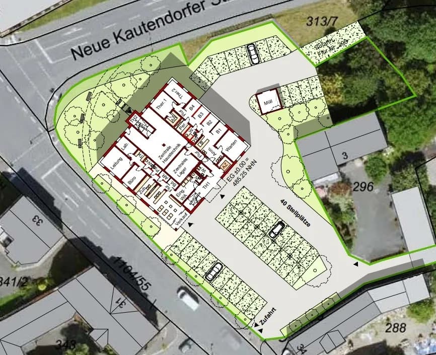 Grundriss 3. Obergeschoss (3. OG +9,75 = 495,00 NHN) des Ärztehauses: Praxisräume (Arzt/UN), Labor/EKG, Behandlungsräume (B1–B3), Wartebereiche, verglaster Lichthof, 40 Stellplätze und umgebende Grünanlagen.