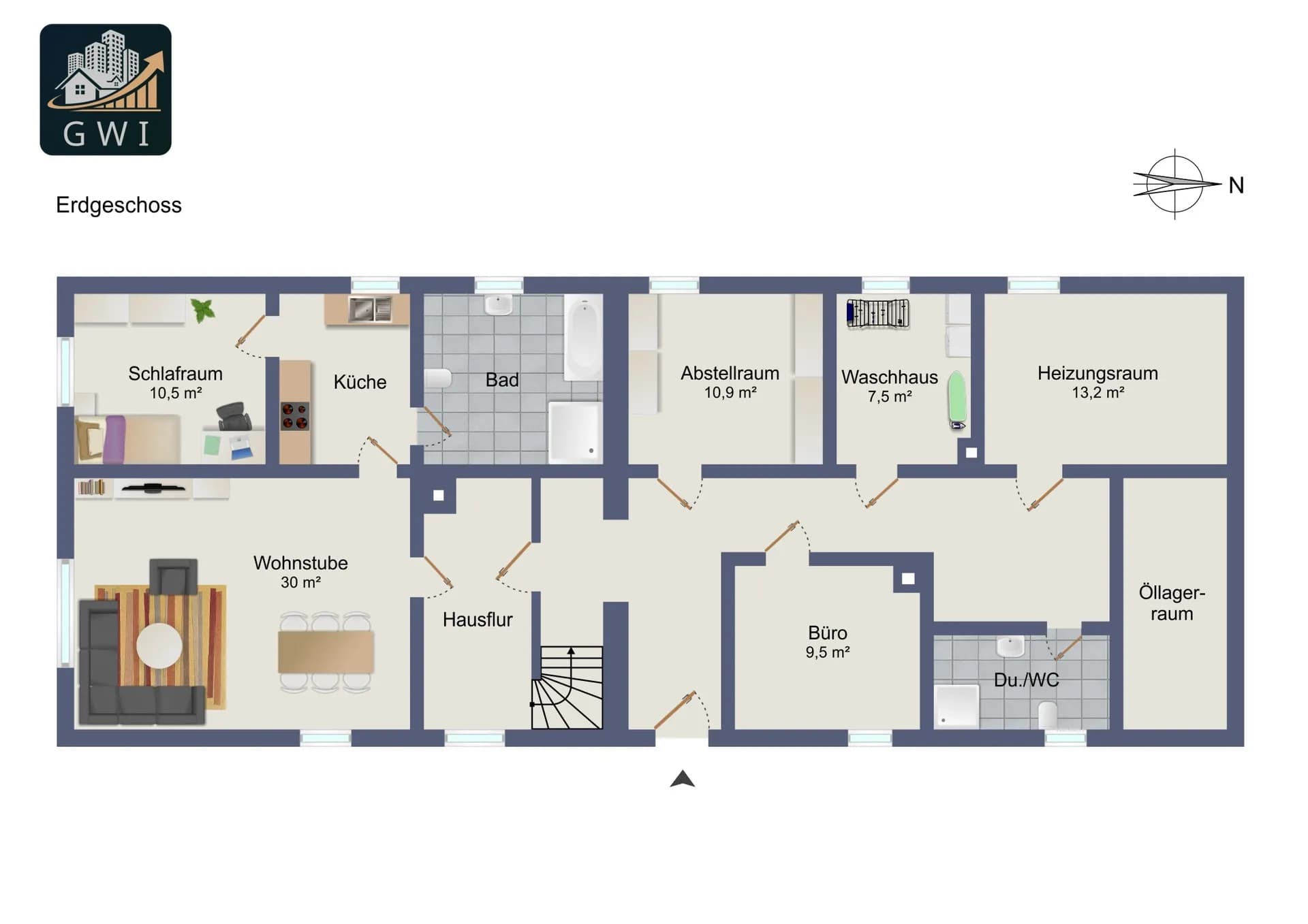 Grundriss des Erdgeschosses: Wohneinheit mit Wohnstube (30 m²), Küche, Schlafraum (10,5 m²) und Bad sowie ein Büro (9,5 m²), Gäste-Duschbad (Du./WC) und Wirtschafts-/Technikbereich (Abstellraum 10,9 m², Waschhaus 7,5 m², Heizungsraum 13,2 m² und Öllagerraum).