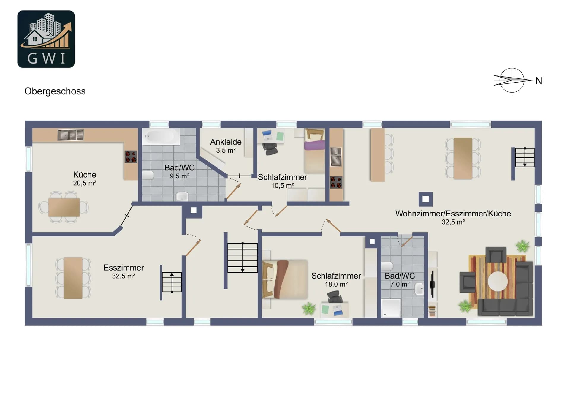 Grundriss des Obergeschosses: großzügiger offener Wohn-/Essbereich mit Küche (32,5 m²), separate Küche (20,5 m²) mit Esszimmer (32,5 m²), zwei Schlafzimmer (18 m² und 10,5 m²), Ankleide (3,5 m²) sowie zwei Badezimmer (9,5 m² und 7 m²).