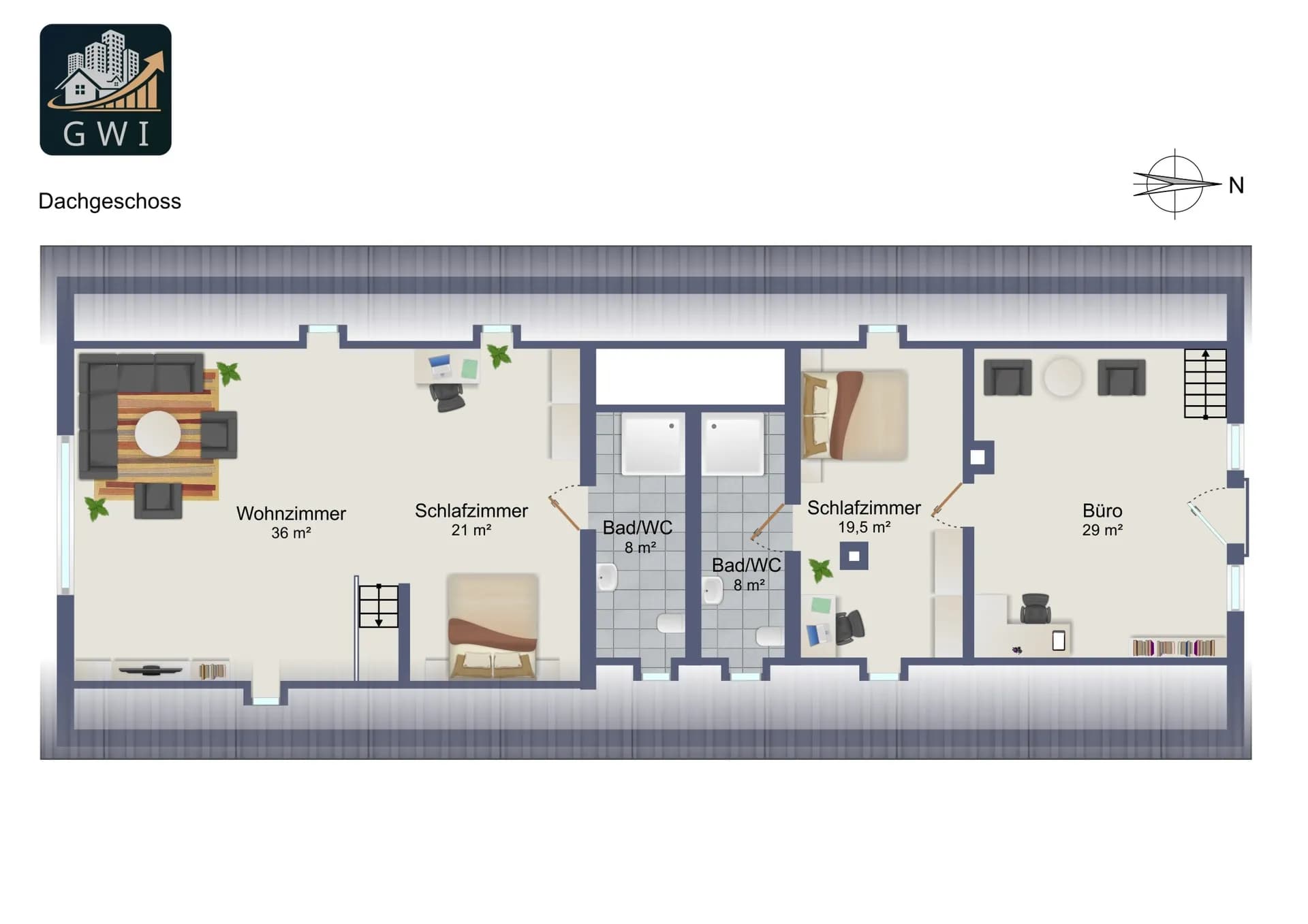 Grundriss des Dachgeschosses mit durchdachter Raumaufteilung: großzügiges Wohnzimmer (36 m²), zwei Schlafzimmer (21 m² und 19,5 m²), Büro (29 m²) sowie zwei separate Badezimmer (je 8 m²).