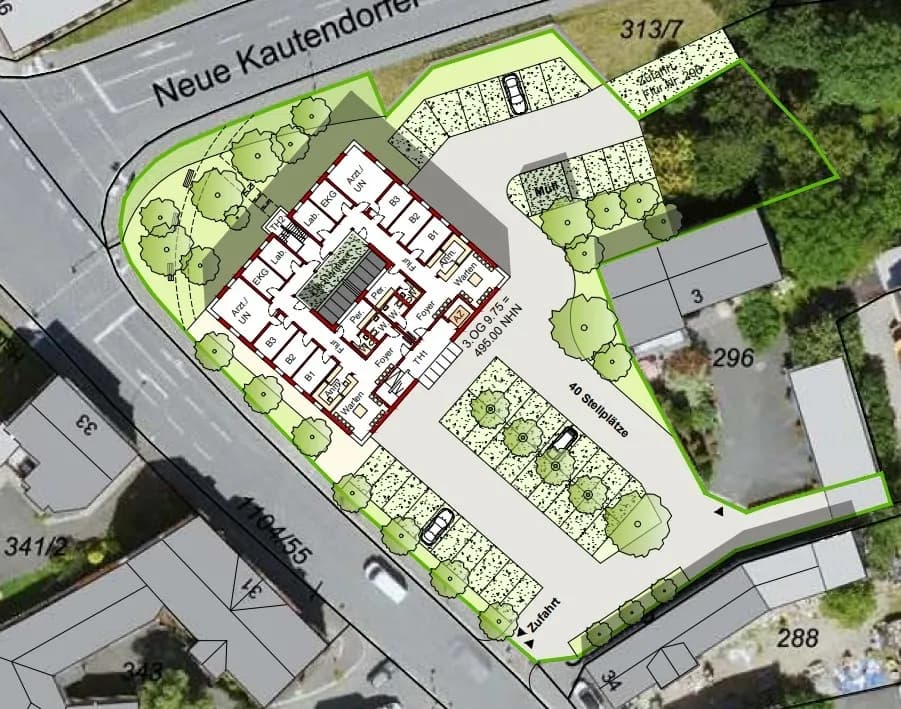 Regelgeschoss-Grundriss 1. & 2. Obergeschoss (1. OG +3,25 = 488,50 NHN / 2. OG +6,50 = 491,75 NHN): zwei Praxiseinheiten mit Arzt-/Untersuchungszimmern, Laboren, EKG, Behandlungsräumen (B1–B4), Lichthöfen, Treppenhäusern und Parkplatzanbindung.