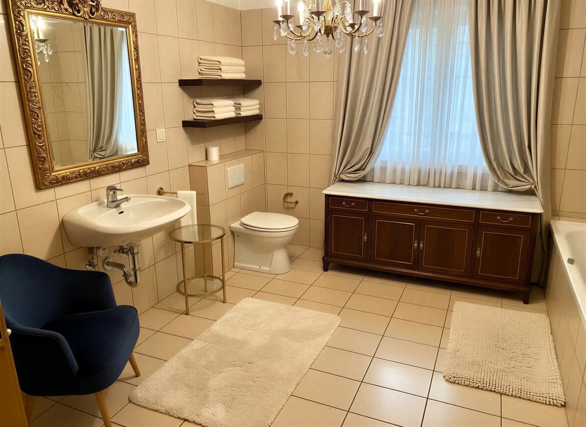Badezimmer mit dezent gemusterten Fliesen, pastellfarbenem Waschtisch samt Armatur, Spiegelschrank, Stand-WC, Heizkörper und aufeinander abgestimmten Badvorlegern.