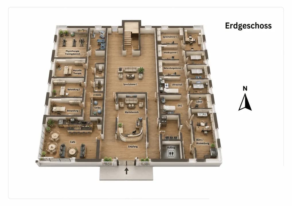 Isometrischer 3D-Grundriss des Erdgeschosses mit zentralem Empfangs- und Wartebereich, Café, Physiotherapie- und Trainingsflächen auf der linken Seite sowie Behandlungsräumen, Labor, EKG, Ultraschall und Büros auf der rechten Seite.
