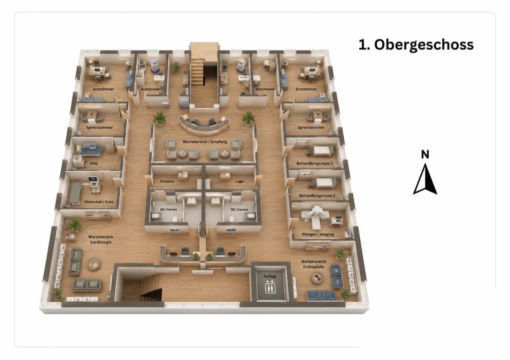 Isometrischer 3D-Grundriss des 2. Obergeschosses mit pädiatrischer Fachpraxis auf der linken Seite (inkl. Kinder-Wartebereich und Behandlungsräumen) und gynäkologischer Praxis auf der rechten Seite (inkl. Ultraschall und Untersuchungsräumen), erschlossen über den zentralen Empfangsbereich mit Sanitär- und Aufzugskern.
