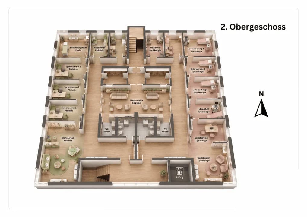 Isometrischer 3D-Grundriss des 1. Obergeschosses mit kardiologischem Praxisbereich auf der linken Seite (EKG, Ultraschall/Echo, Sprechzimmer) und orthopädischem Bereich auf der rechten Seite (Röntgen/Imaging, Behandlungsräume) rund um den zentralen Empfangs-, Warte- und Sanitärbereich.