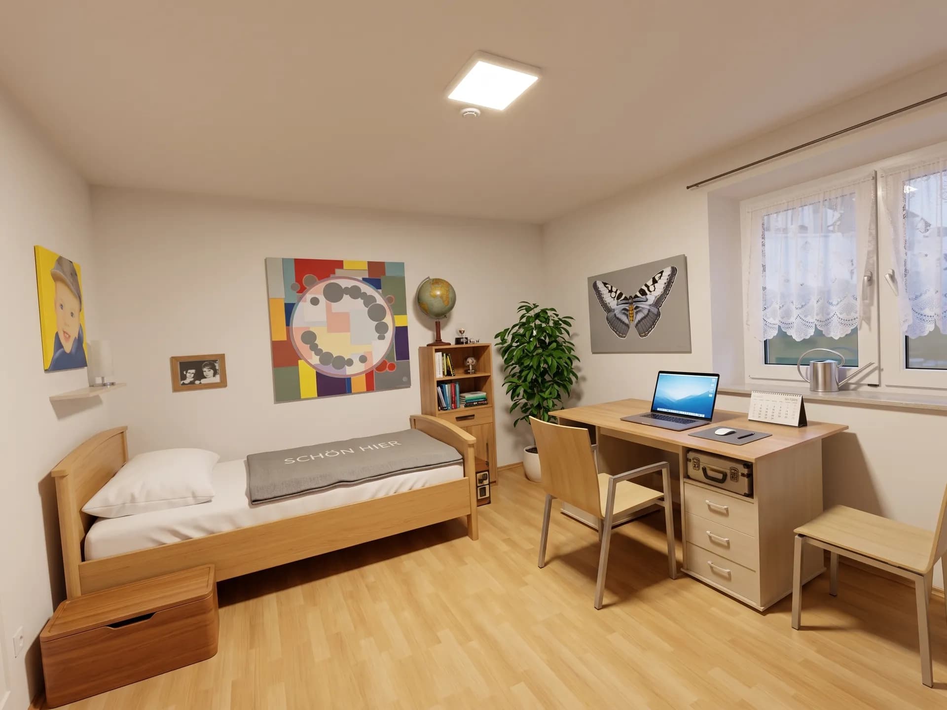 Helles Kinder- oder Jugendzimmer mit Einzelholzbett, funktionalem Schreibtisch-Arbeitsplatz, Bücherregal und warmem Laminatboden.