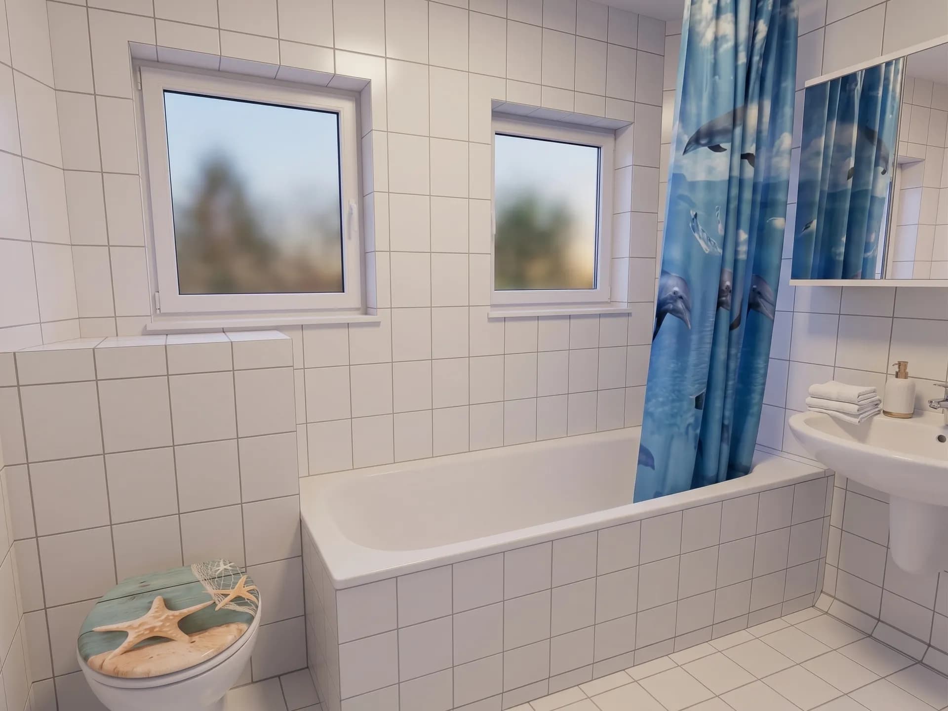 Helles Tageslichtbadezimmer mit weißen Wandfliesen, Badewanne, Waschbecken, WC und zwei Fenstern mit Sichtschutzglas.