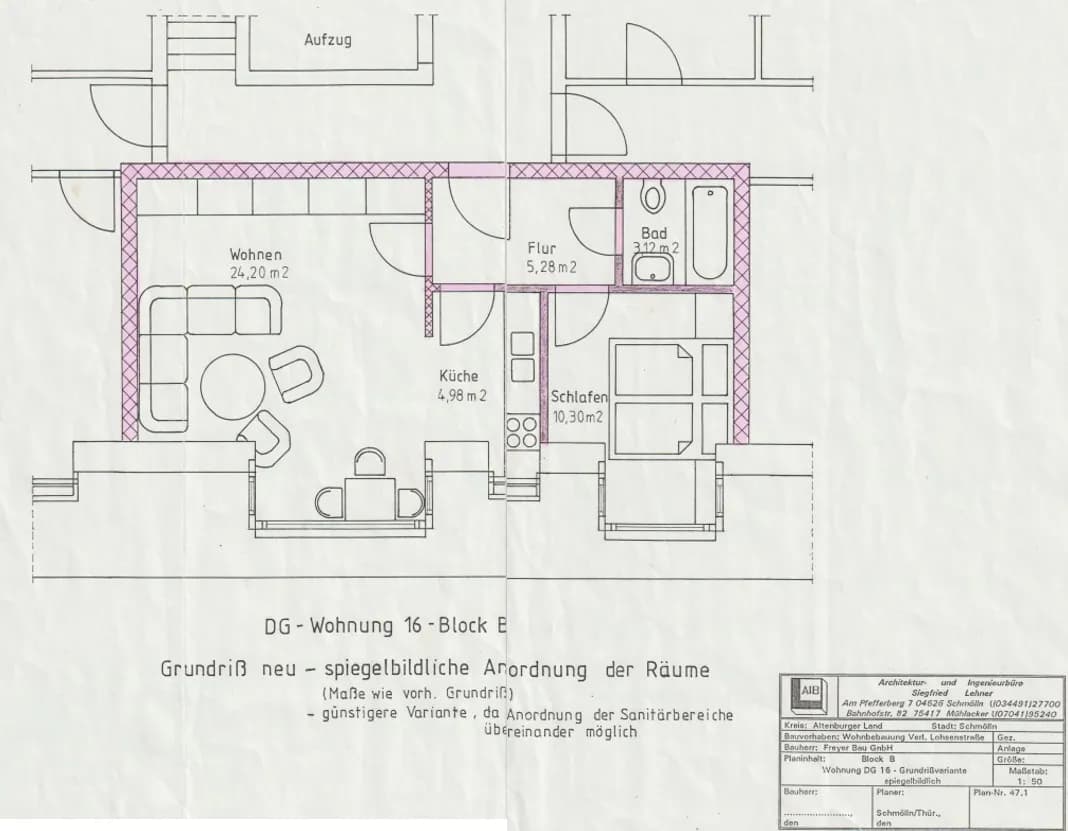 Neuer Grundriss der DG-Wohnung 16 (Block B) in spiegelbildlicher Anordnung: Wohnen (24,20 m²), Küche (4,98 m²), Schlafen (10,30 m²), Bad (3,12 m²), Flur und Aufzugsanbindung.