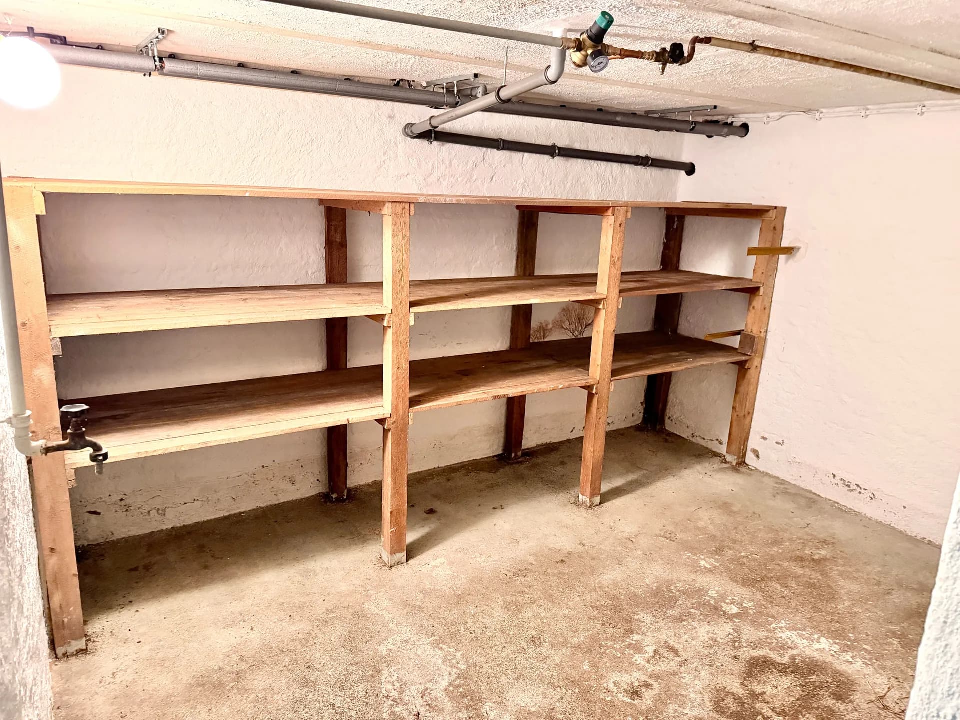 Praktischer Vorratskeller mit großem Holzregalsystem zur Lagerung von Vorräten und Werkzeug sowie eigenem Wasseranschluss.