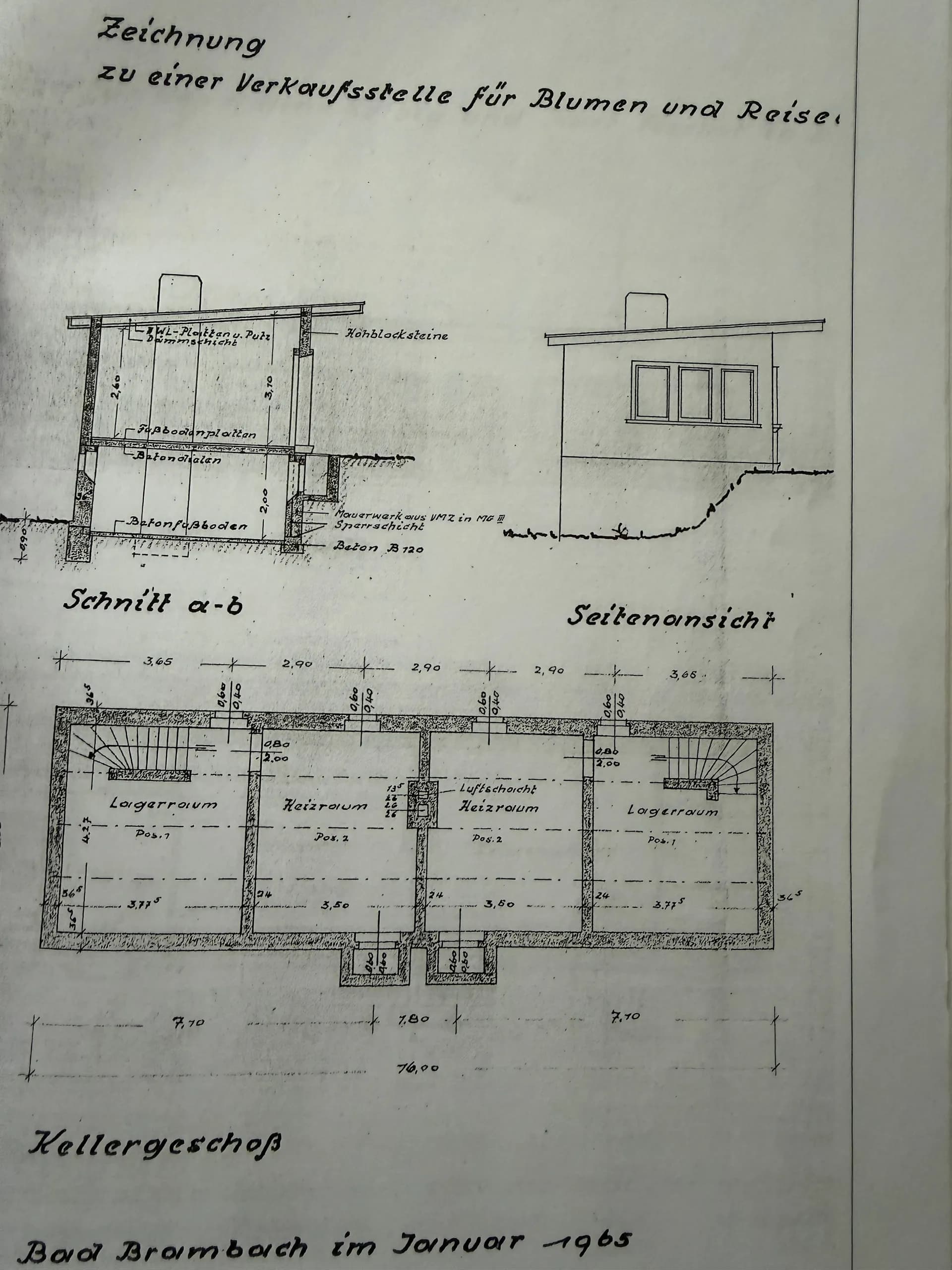 Historische Bauzeichnung (1965): Gebäudeschnitt a-b, Seitenansicht sowie Grundriss des Kellergeschosses mit Lagerräumen und Heizzentrale.