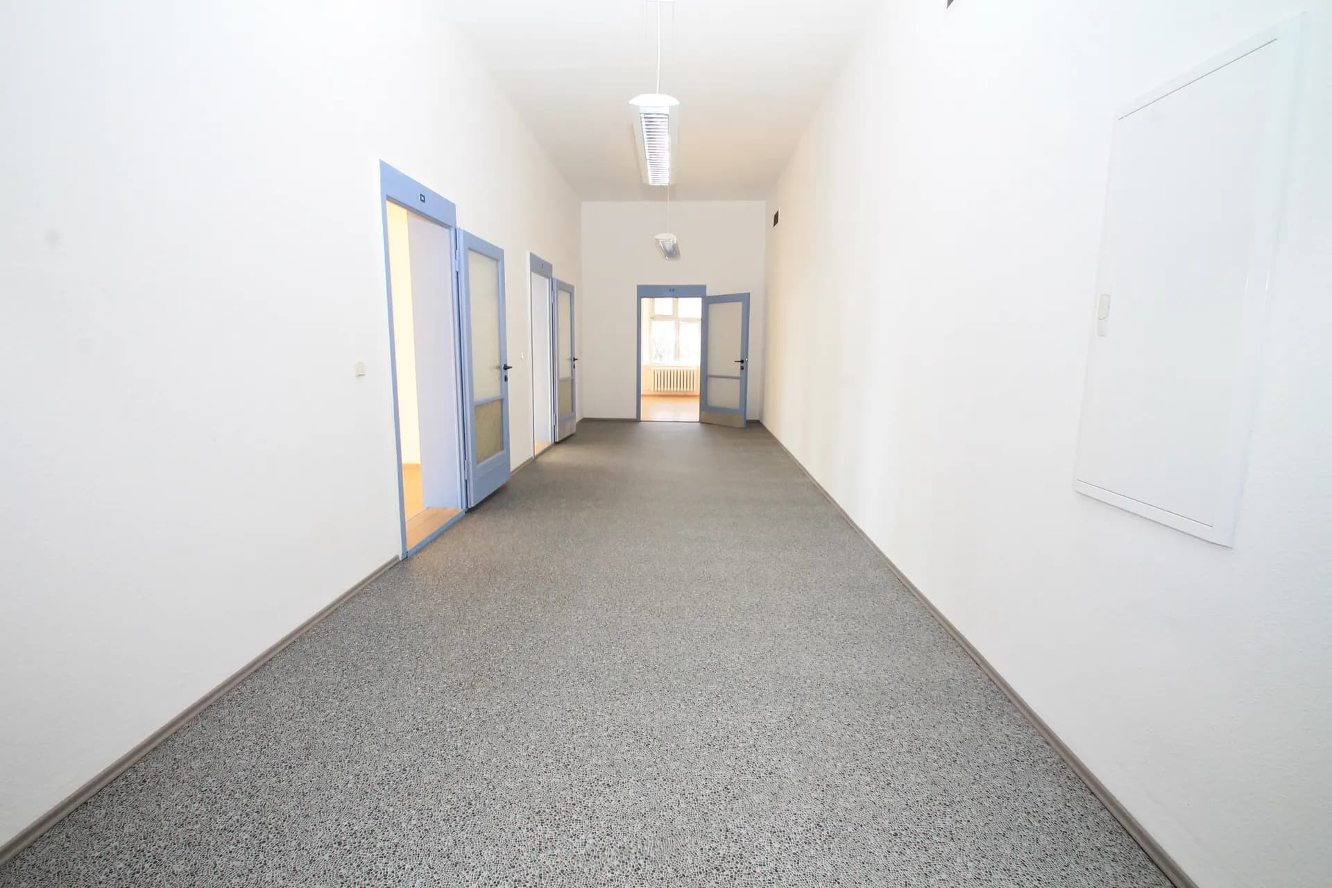 Breiter, heller Flur- und Erschließungsbereich mit strapazierfähigem Teppichboden, weißen Wandflächen und blauen Türelementen.