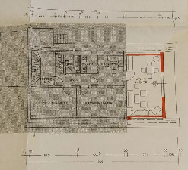 Grundriss des Obergeschosses: autarke Wohneinheit mit großem Wohnzimmer, Esszimmer, separater Küche, Bad, Gäste-WC sowie zwei Schlaf- bzw. Gästezimmern in Burgkunstadt.