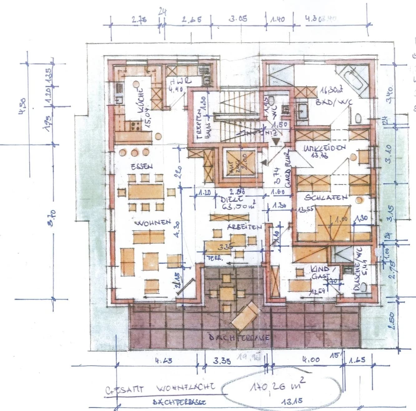 Exklusiver Grundriss der Penthouse-Wohnung im Neubauprojekt Hof mit ca. 170 m² Wohnfläche, großer Dachterrasse, Aufzug und Ankleidezimmer
