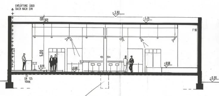 Gebäudeschnitt (Raumhöhe 5,00 m, Firsthöhe 5,80 m) des Gastronomiebereichs mit Thekenanlage, Barhockern, Beleuchtungs-Traversen und Dach-Entlüftung (F 90).