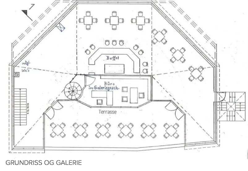 Grundriss der Galerieebene im Obergeschoss (OG Galerie) mit Buffetstation, Gasttischen, Zugang zur Dachterrasse und integriertem Büroraum.