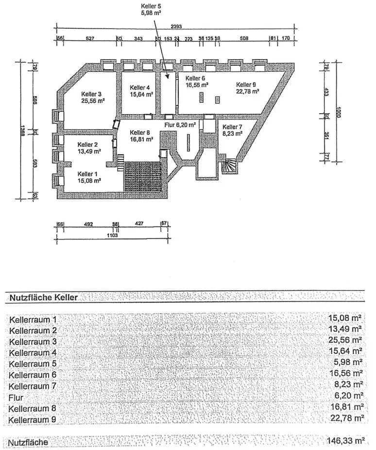 Grundriss des Kellergeschosses mit Nutzflächenberechnung (Gesamtfläche 146,33 m²), aufgeteilt in 9 Kellerräume und Erschließungsflur.