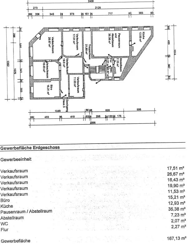 Detaillierter Grundriss der Gewerbeeinheit im Erdgeschoss (Nutzfläche 167,13 m²) mit mehreren Verkaufsräumen, Büro, Küche, Pausenraum und WC.