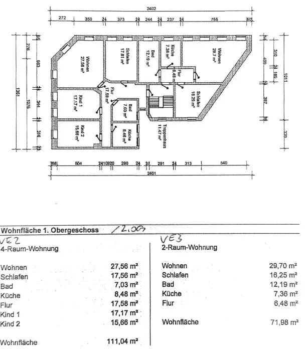 Grundriss des 1. Obergeschosses mit Raumaufteilung für zwei Wohneinheiten: 4-Zimmer-Wohnung VE2 (111,04 m²) und 2-Zimmer-Wohnung VE3 (71,98 m²).