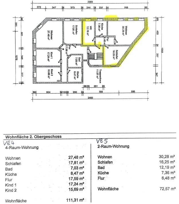 Grundriss des 2. Obergeschosses mit Flächenaufstellung für die 4-Zimmer-Wohnung VE4 (111,31 m²) sowie die hervorgehobene 2-Zimmer-Wohnung VE5 (72,57 m²).