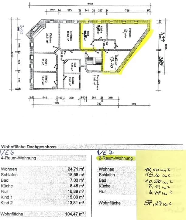 Grundriss des Dachgeschosses mit Flächenberechnung: 4-Zimmer-Wohnung VE6 (104,47 m²) und 2-Zimmer-Wohnung VE7 (57,29 m²) samt handschriftlichen Maßkorrekturen.