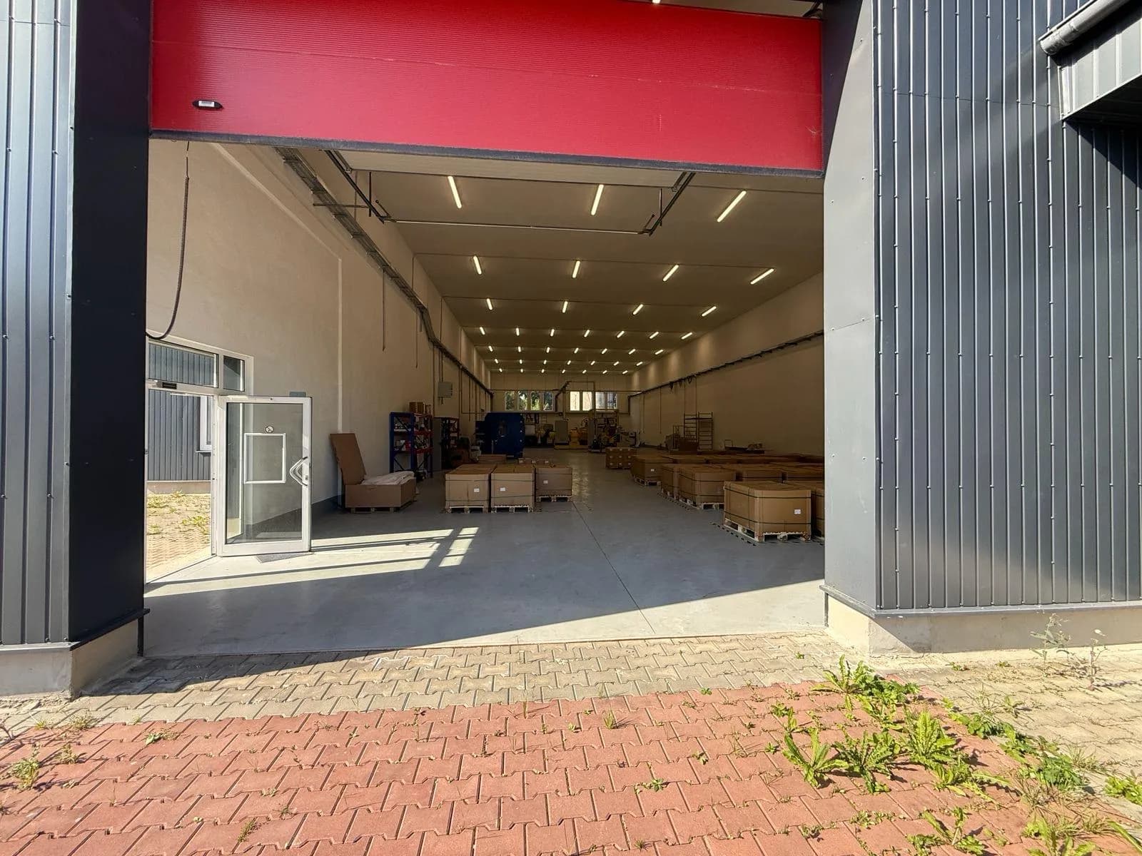 Zufahrt in eine helle Lagerhalle über ein breites Sektionaltor mit ebenem Industrieboden, LED-Lichtbändern, Lagerflächen und separater Eingangstür.