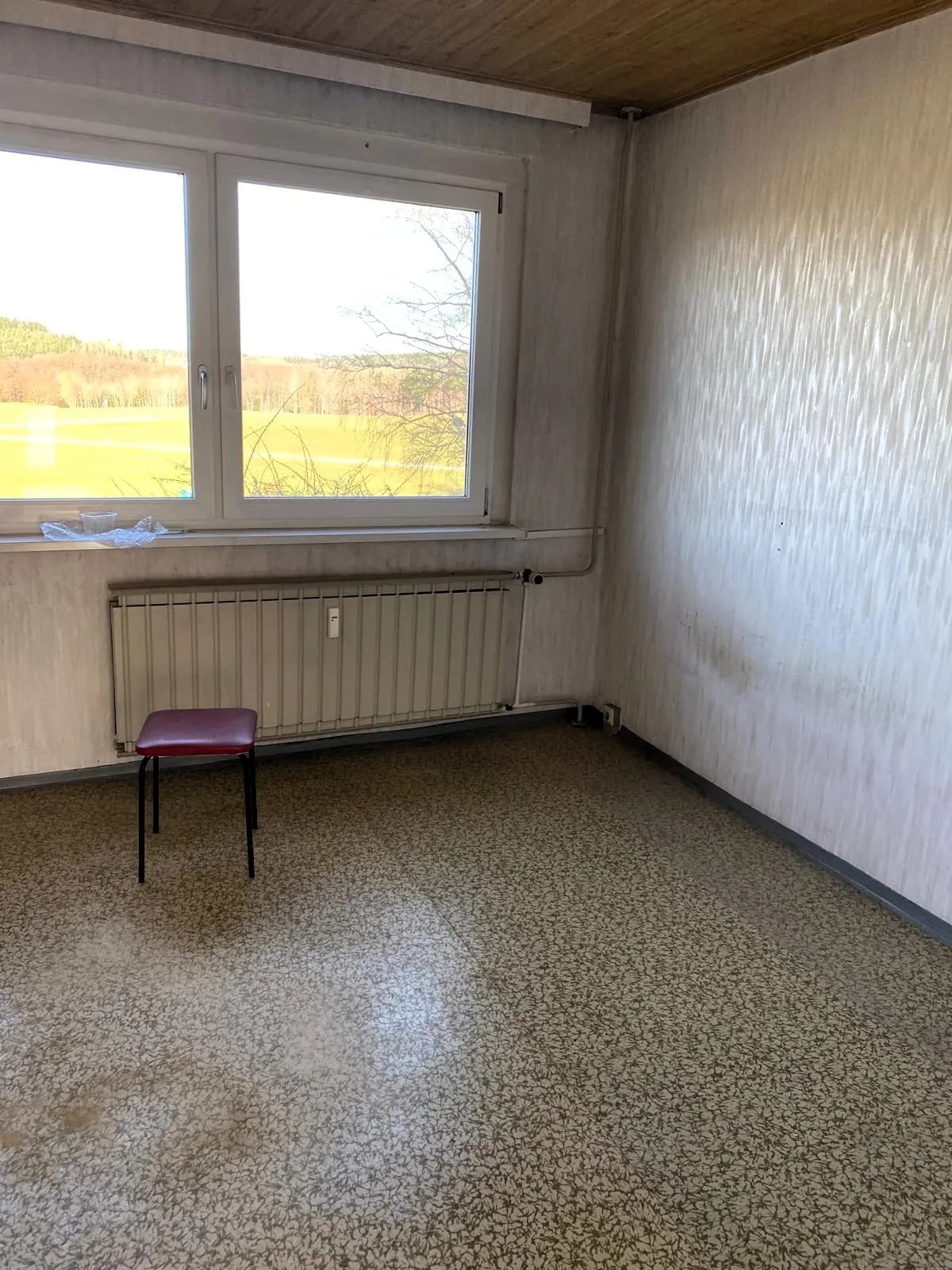 Renovierungsbedürftiger, heller Wohnraum im Plattenbau: Holzvertäfelung an der Decke, Rippenheizkörper, Ausblick ins Grüne und Linoleumboden