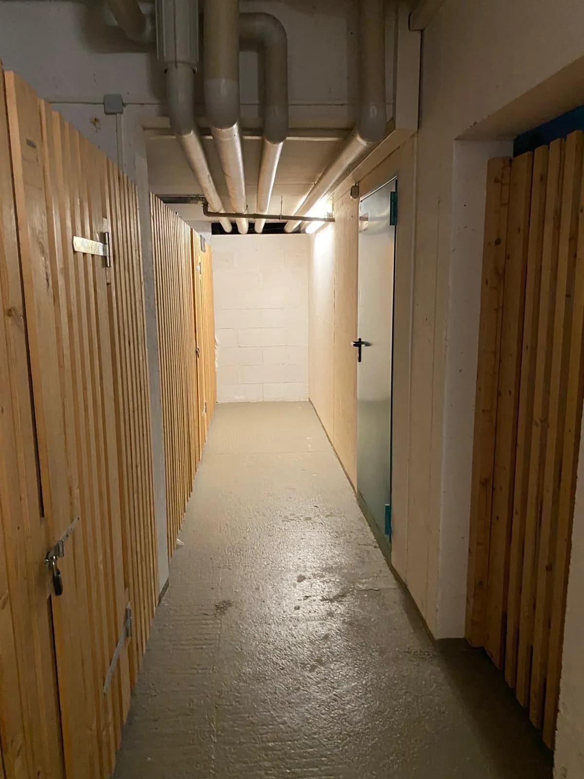 Beleuchteter Kellergang mit soliden Lattenverschlägen der Mieterkeller, Brandschutztür und sichtbaren Deckenrohrleitungen.